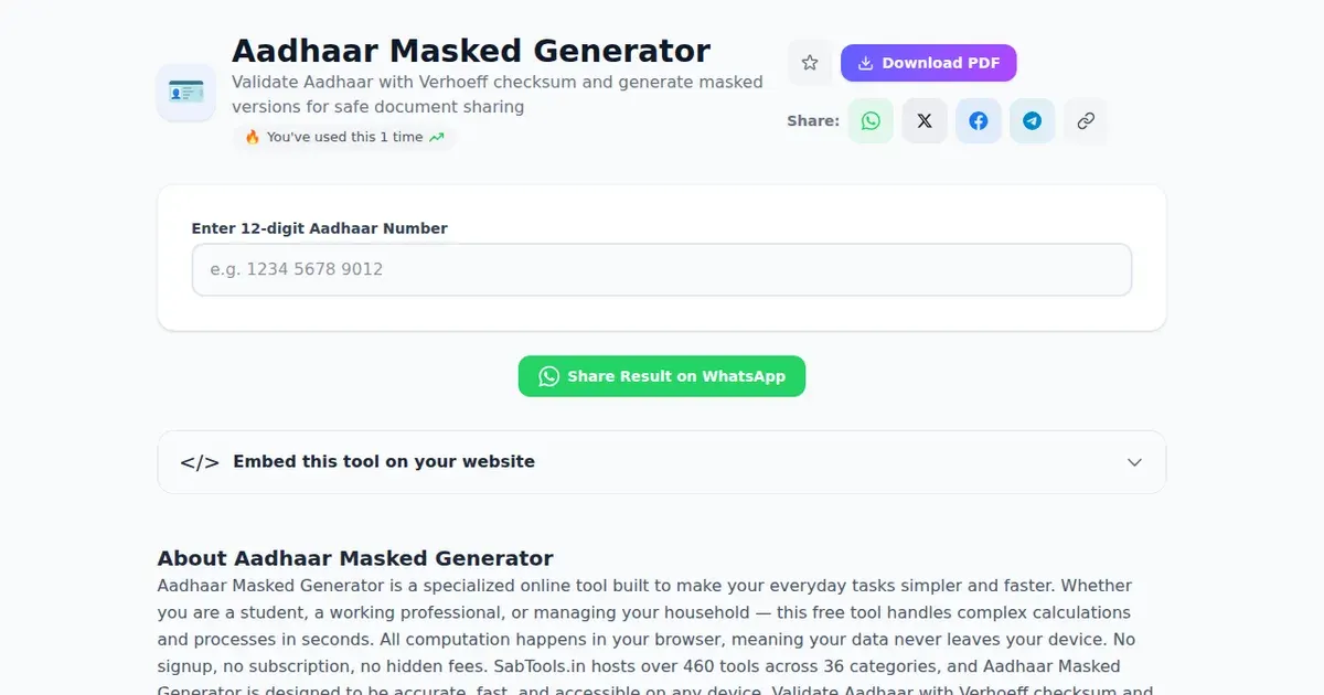 Aadhaar Masked Generator — Free Online Validate Aadhaar with Verhoeff checksum and generate masked versions for safe document sharing Tool on SabTools.in