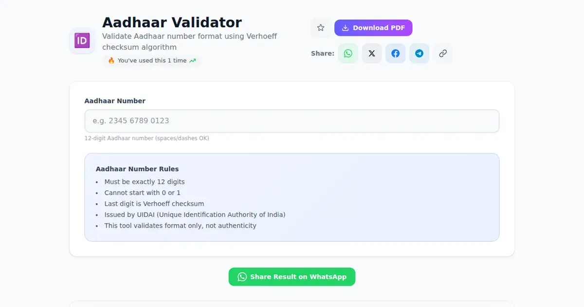 Aadhaar Validator — Free Online Validate Aadhaar number format using Verhoeff checksum algorithm Tool on SabTools.in