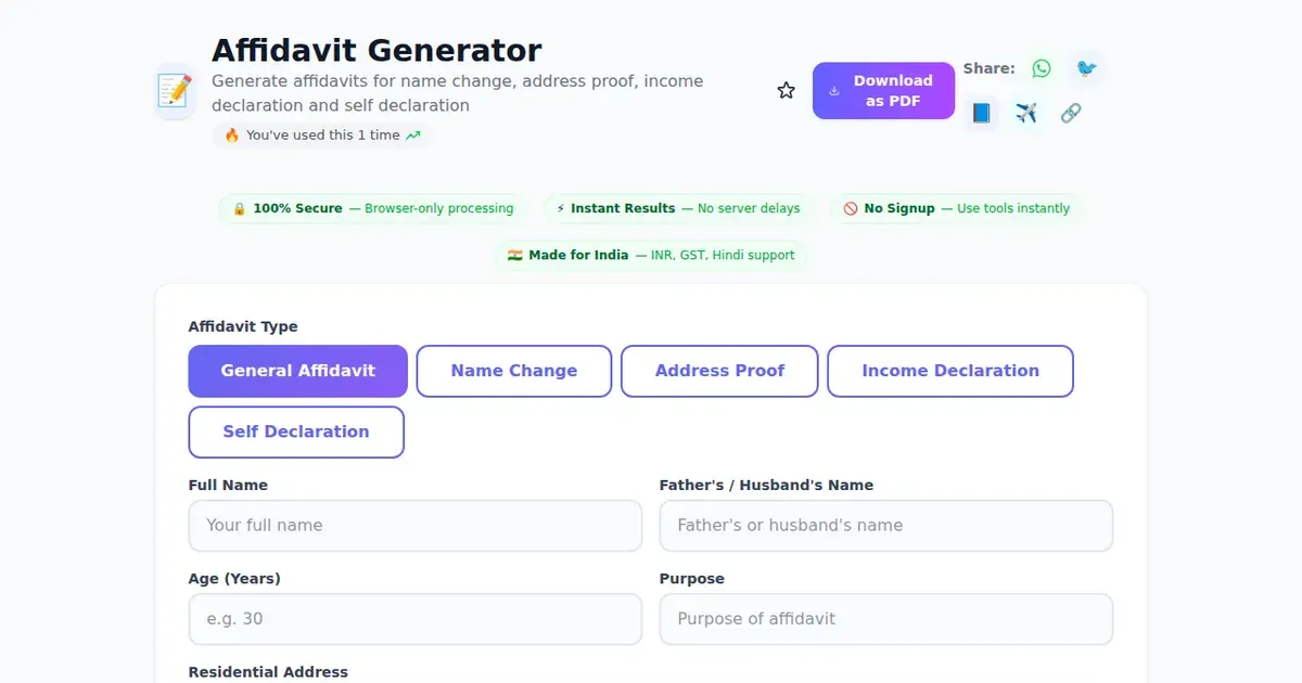 Affidavit Generator — Free Online Generate affidavits for name change, address proof, income declaration and self declaration Tool on SabTools.in