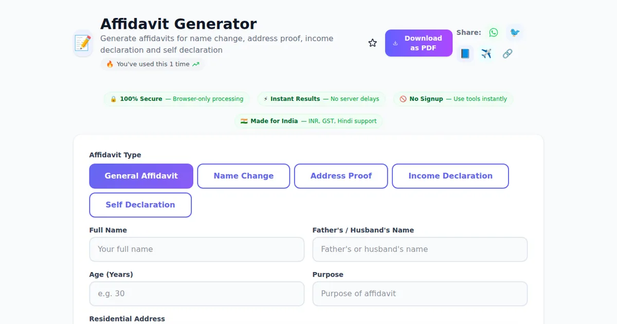 Affidavit Generator — Free Online Tool on SabTools.in