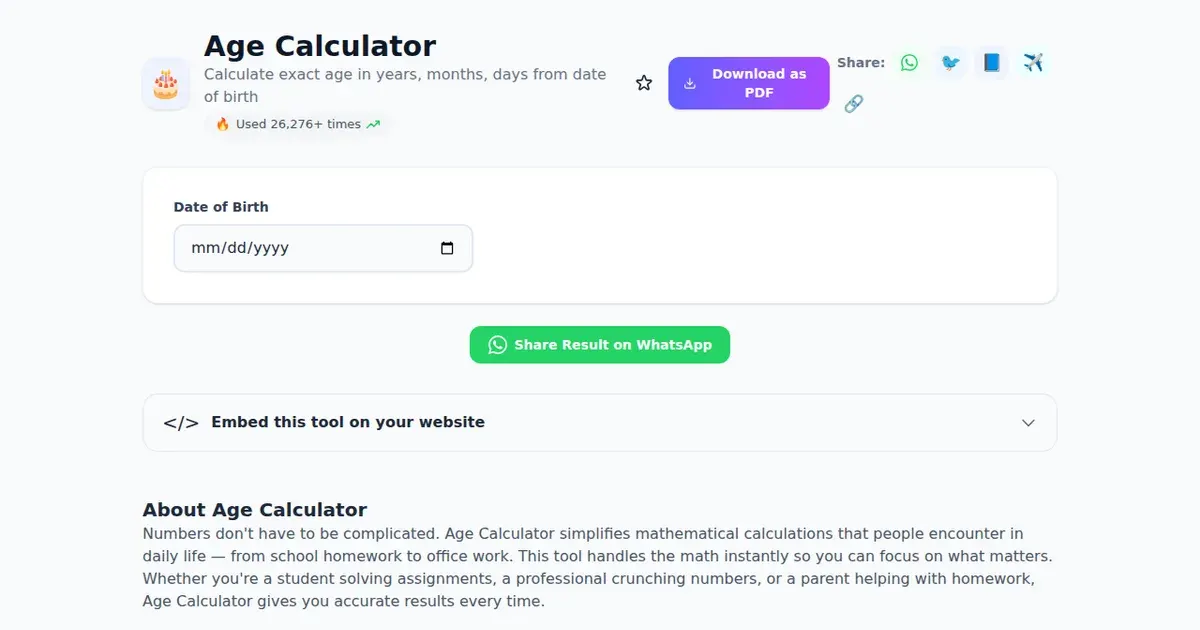 Age Calculator — Free Online Calculate exact age in years, months, days from date of birth Tool on SabTools.in