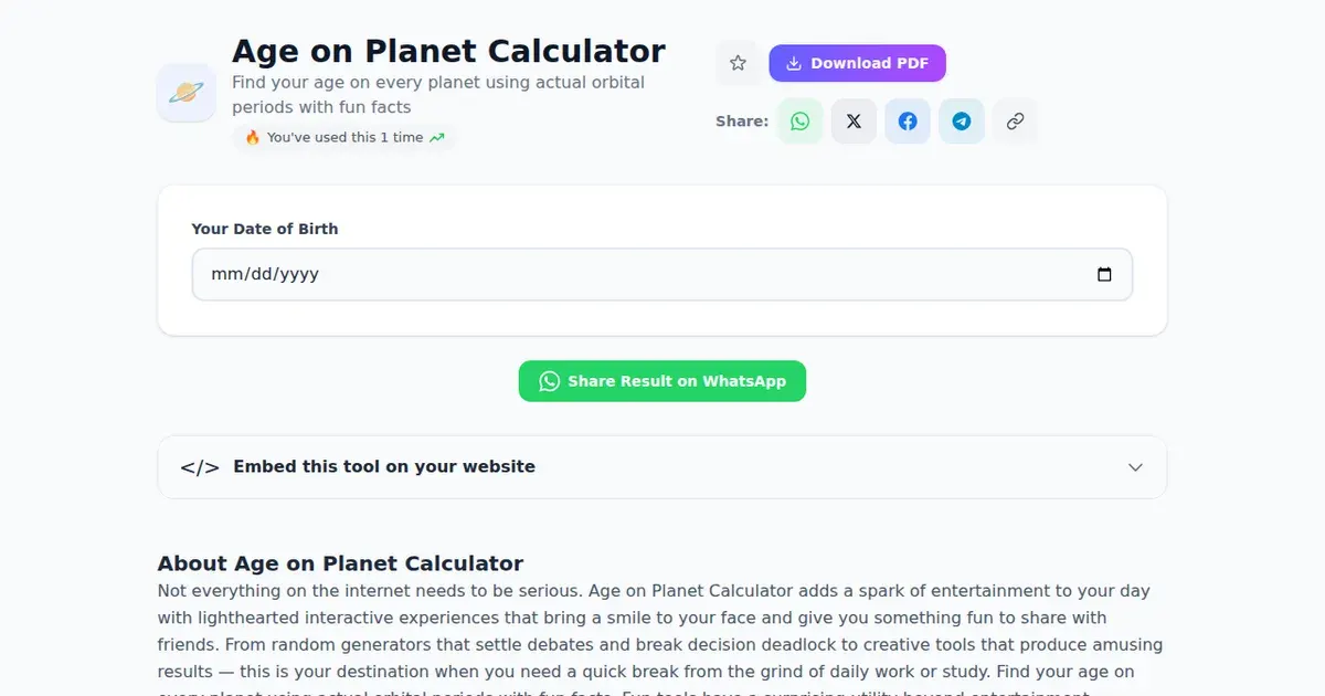 Age on Planet Calculator — Free Online Find your age on every planet using actual orbital periods with fun facts Tool on SabTools.in