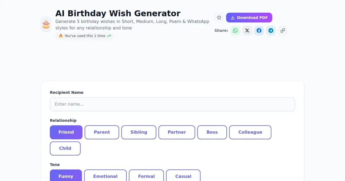 AI Birthday Wish Generator — Free Online Generate 5 birthday wishes in Short, Medium, Long, Poem & WhatsApp styles for any relationship and tone Tool on SabTools.in