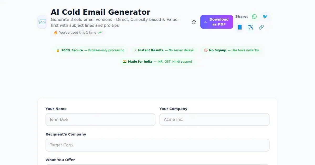 AI Cold Email Generator — Free Online Generate 3 cold email versions - Direct, Curiosity-based & Value-first with subject lines and pro tips Tool on SabTools.in