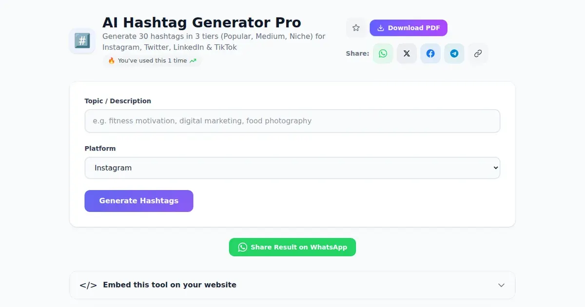 AI Hashtag Generator Pro — Free Online Generate 30 hashtags in 3 tiers (Popular, Medium, Niche) for Instagram, Twitter, LinkedIn & TikTok Tool on SabTools.in