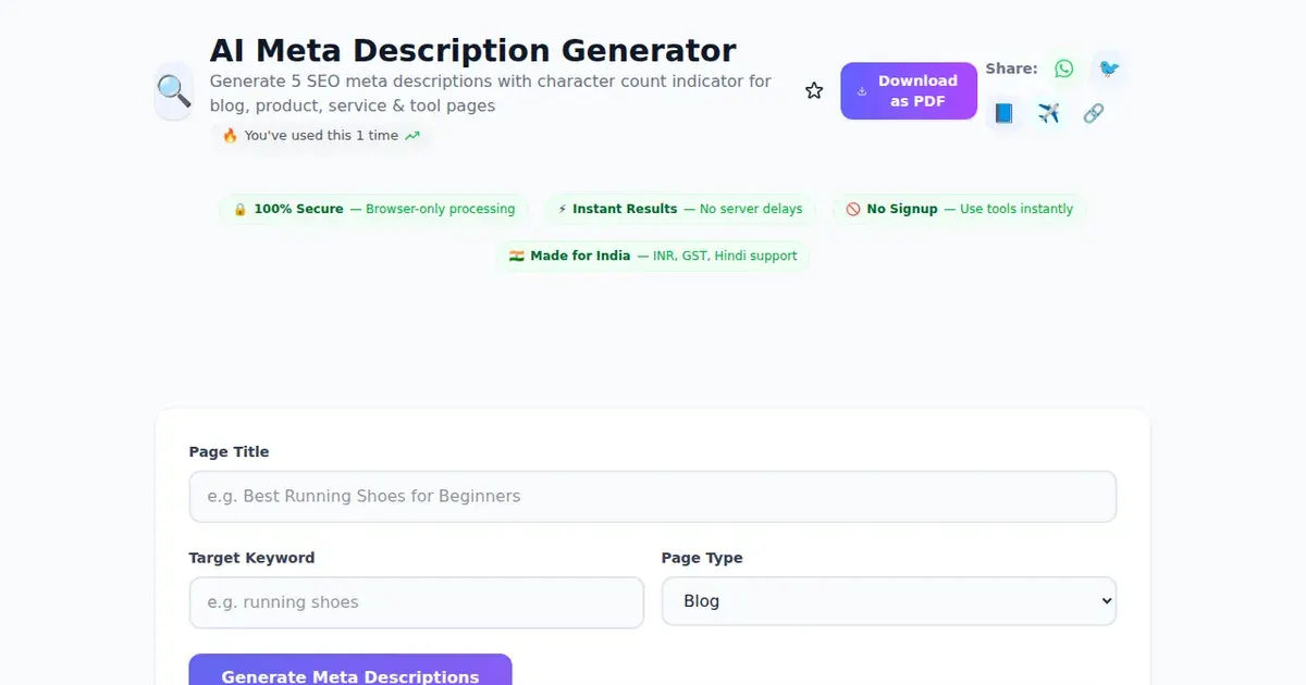 AI Meta Description Generator — Free Online Generate 5 SEO meta descriptions with character count indicator for blog, product, service & tool pages Tool on SabTools.in