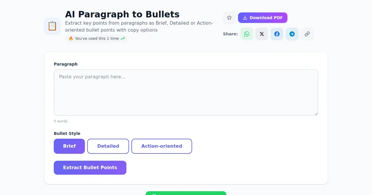 AI Paragraph to Bullets — Free Online Extract key points from paragraphs as Brief, Detailed or Action-oriented bullet points with copy options Tool on SabTools.in