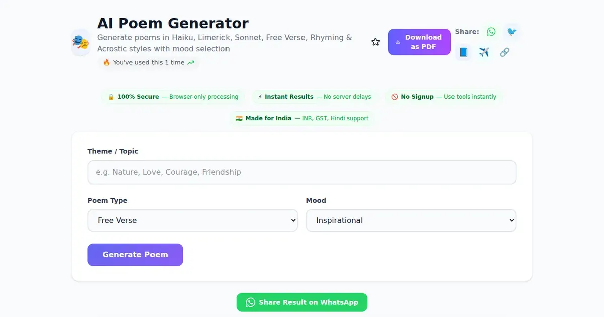 AI Poem Generator — Free Online Generate poems in Haiku, Limerick, Sonnet, Free Verse, Rhyming & Acrostic styles with mood selection Tool on SabTools.in