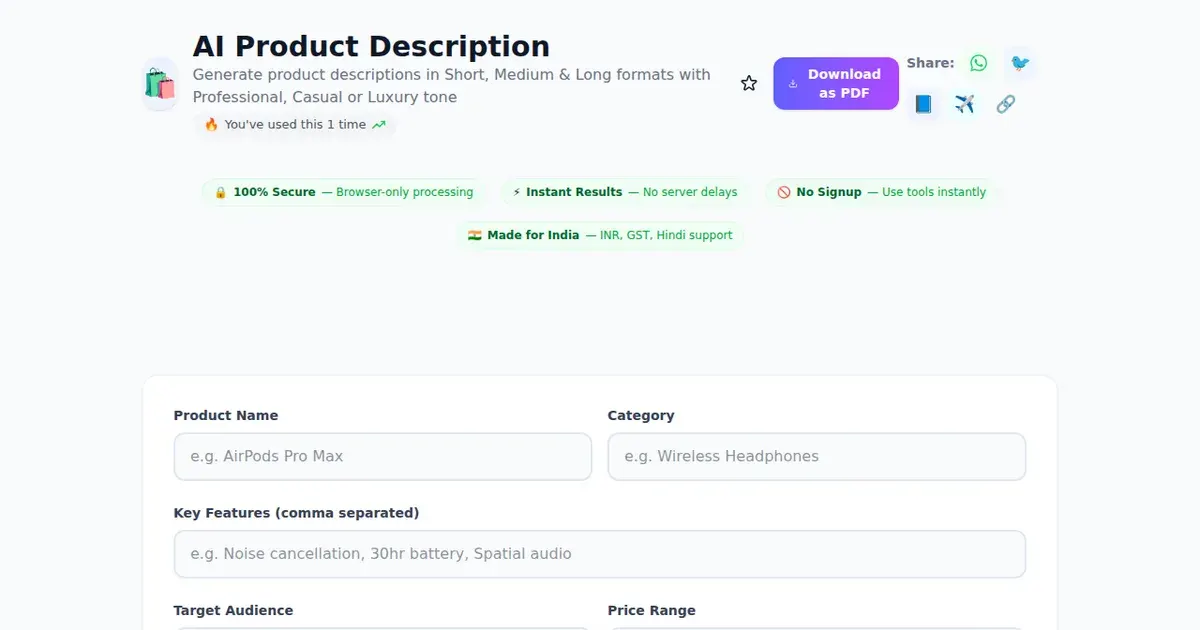 AI Product Description — Free Online Generate product descriptions in Short, Medium & Long formats with Professional, Casual or Luxury tone Tool on SabTools.in