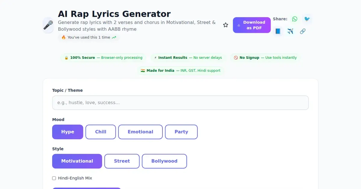 AI Rap Lyrics Generator — Free Online Generate rap lyrics with 2 verses and chorus in Motivational, Street & Bollywood styles with AABB rhyme Tool on SabTools.in