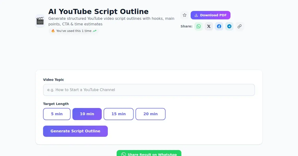 AI YouTube Script Outline — Free Online Generate structured YouTube video script outlines with hooks, main points, CTA & time estimates Tool on SabTools.in