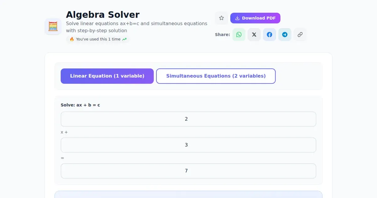 Algebra Solver — Free Online Solve linear equations ax+b=c and simultaneous equations with step-by-step solution Tool on SabTools.in