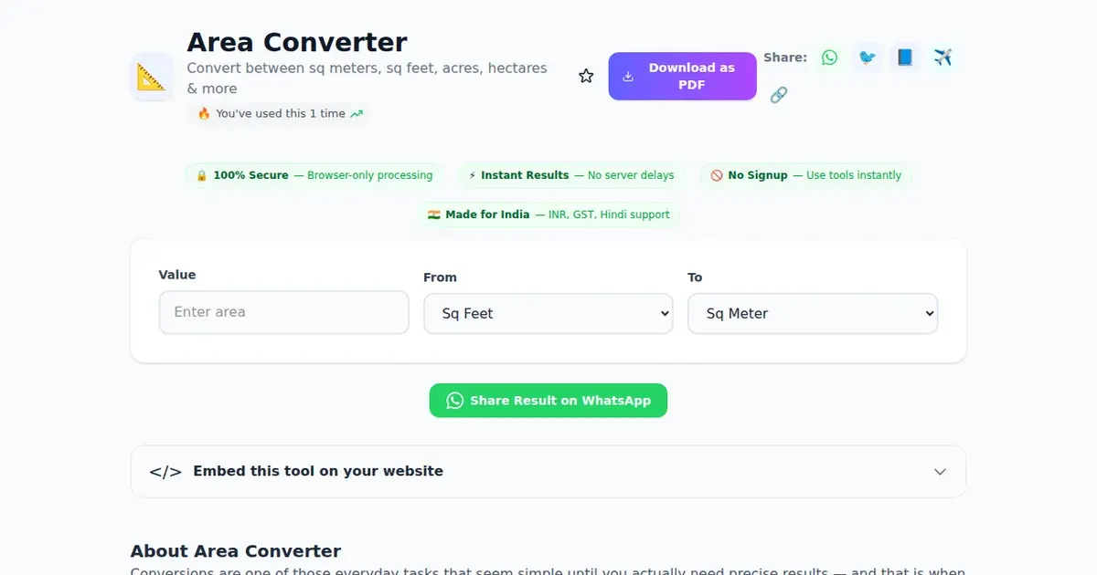 Area Converter — Free Online Convert between sq meters, sq feet, acres, hectares & more Tool on SabTools.in