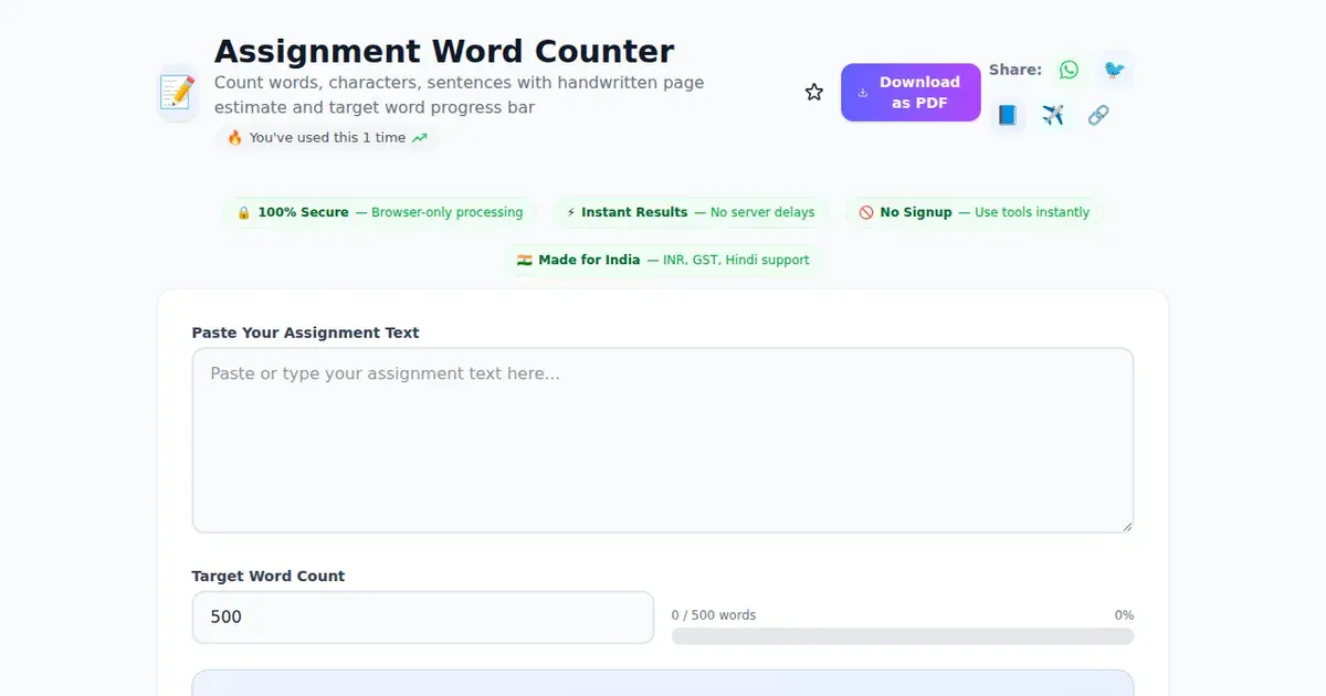 Assignment Word Counter — Free Online Count words, characters, sentences with handwritten page estimate and target word progress bar Tool on SabTools.in
