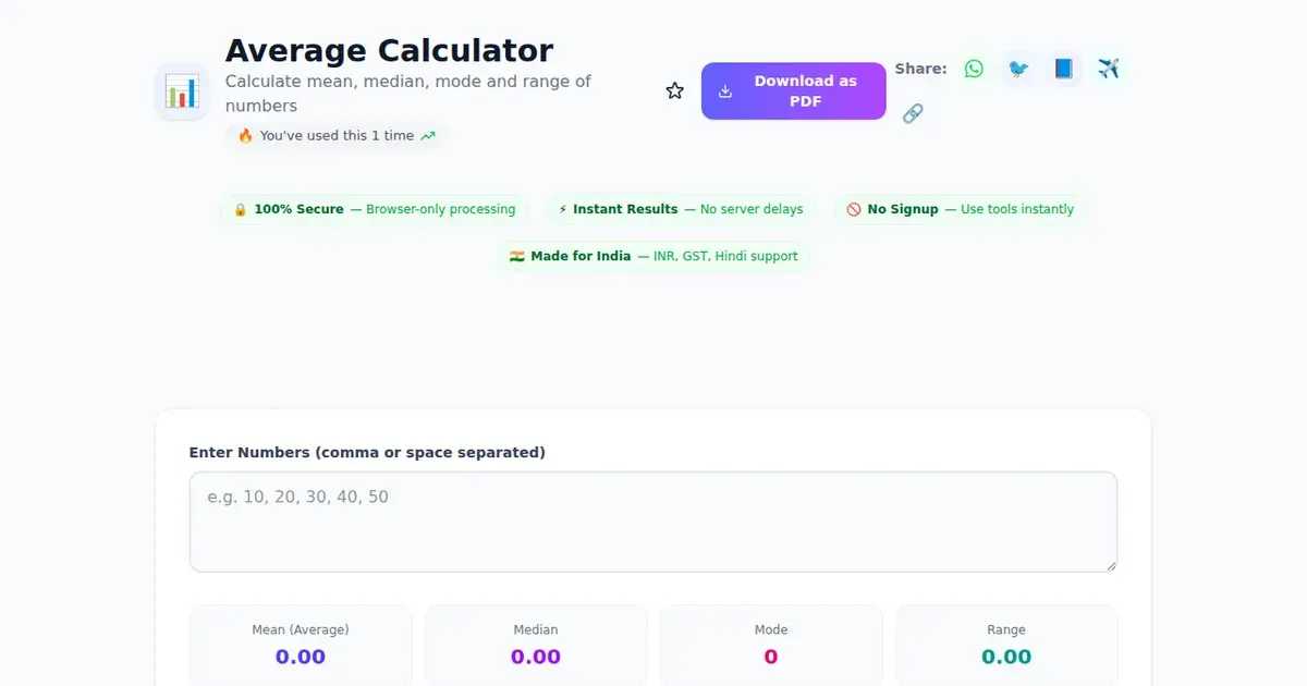 Average Calculator — Free Online Calculate mean, median, mode and range of numbers Tool on SabTools.in