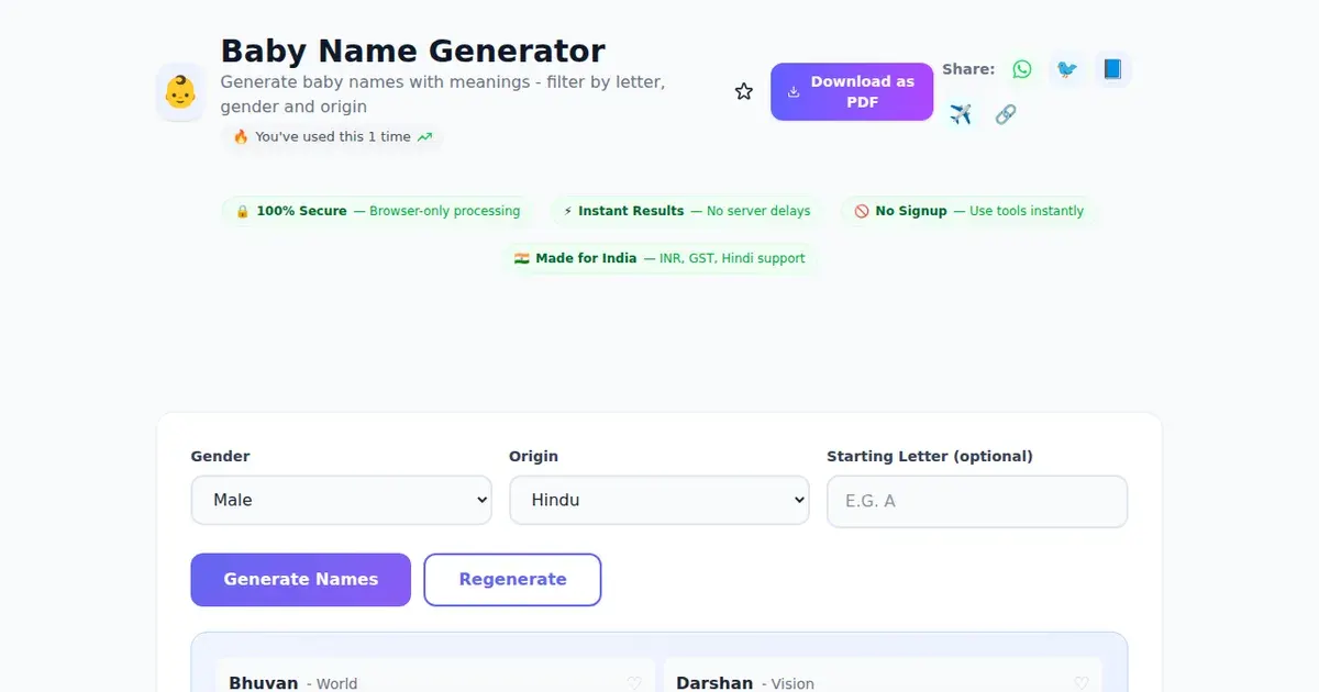 Baby Name Generator — Free Online Generate baby names with meanings - filter by letter, gender and origin Tool on SabTools.in