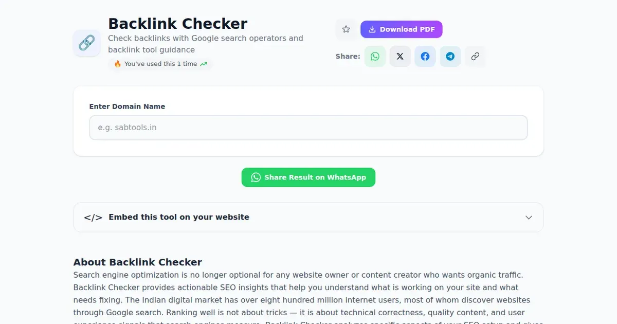 Backlink Checker — Free Online Check backlinks with Google search operators and backlink tool guidance Tool on SabTools.in