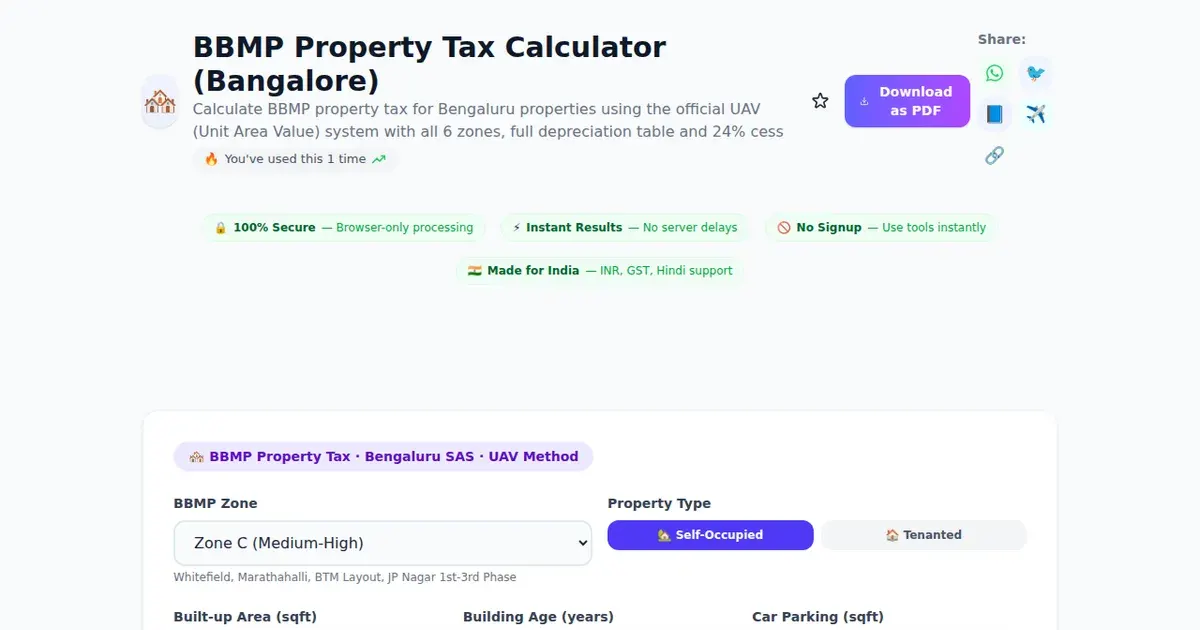 BBMP Property Tax Calculator (Bangalore) — Free Online Calculate BBMP property tax for Bengaluru properties using the official UAV (Unit Area Value) system with all 6 zones, full depreciation table and 24% cess Tool on SabTools.in