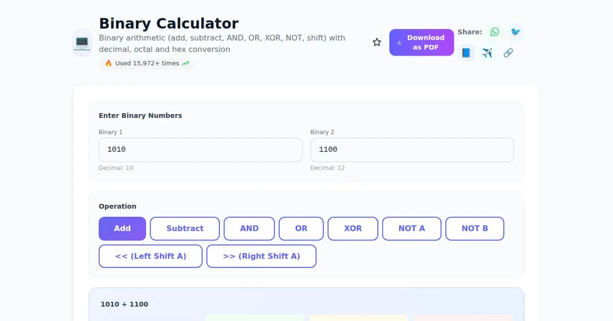 Binary Calculator — Free Online Binary arithmetic (add, subtract, AND, OR, XOR, NOT, shift) with decimal, octal and hex conversion Tool on SabTools.in