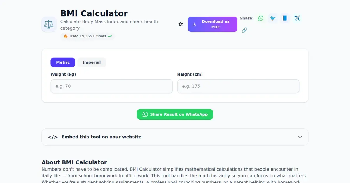 BMI Calculator — Free Online Calculate Body Mass Index and check health category Tool on SabTools.in
