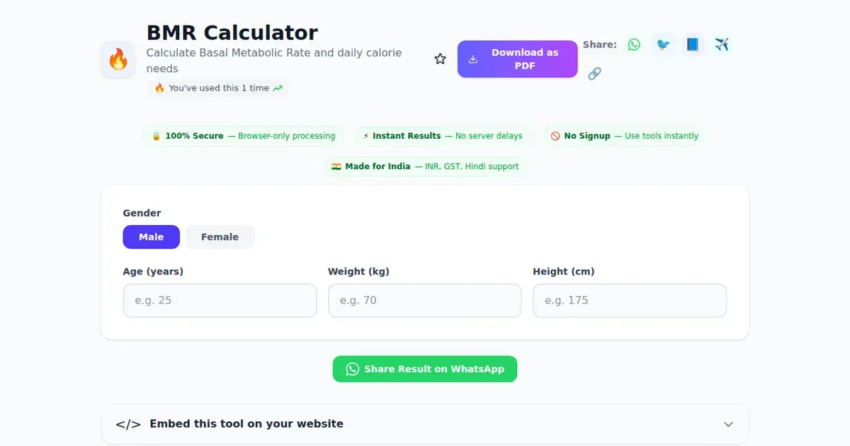BMR Calculator — Free Online Calculate Basal Metabolic Rate and daily calorie needs Tool on SabTools.in