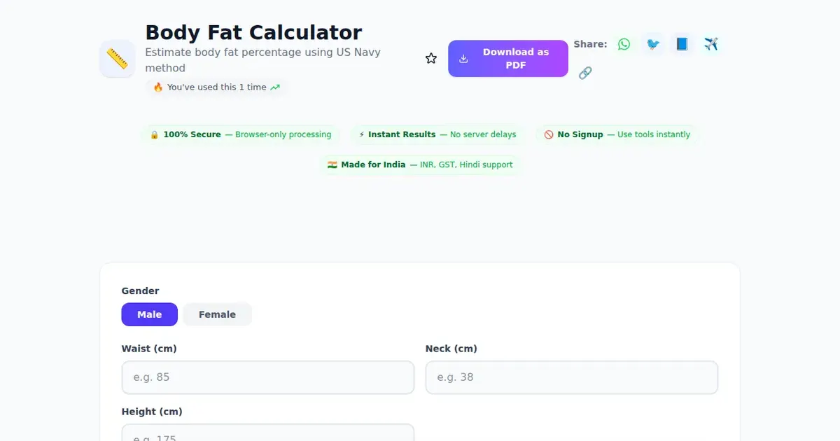 Body Fat Calculator — Free Online Estimate body fat percentage using US Navy method Tool on SabTools.in