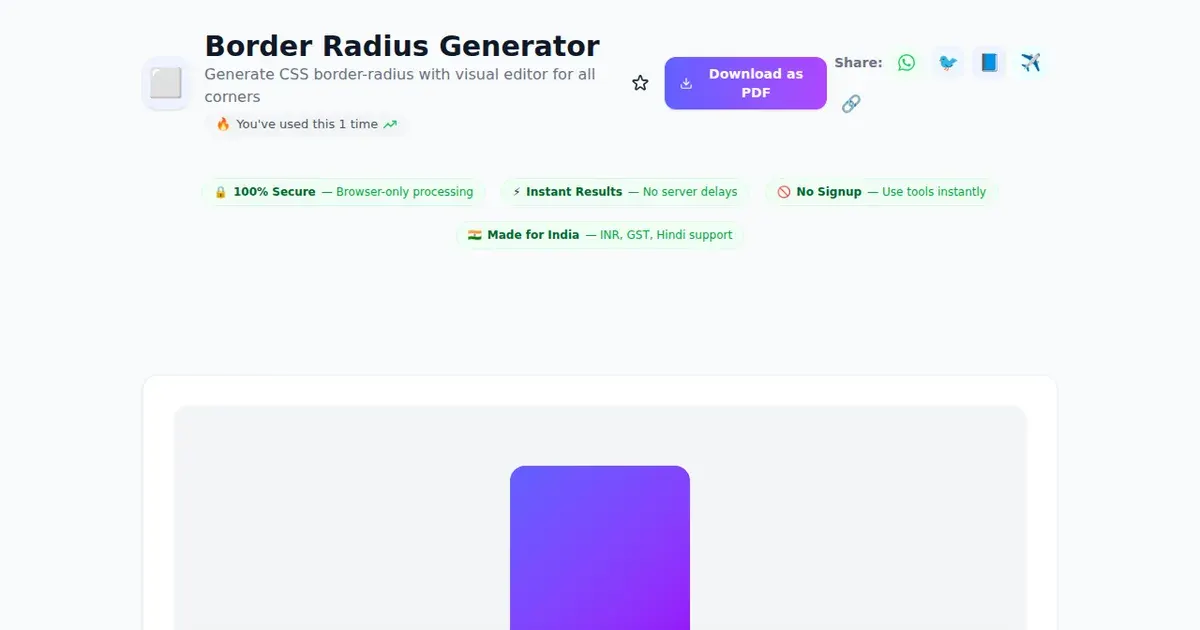Border Radius Generator — Free Online Generate CSS border-radius with visual editor for all corners Tool on SabTools.in