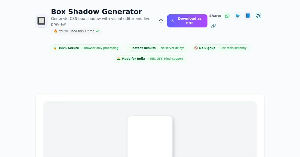 Box Shadow Generator — Free Online Generate CSS box-shadow with visual editor and live preview Tool on SabTools.in