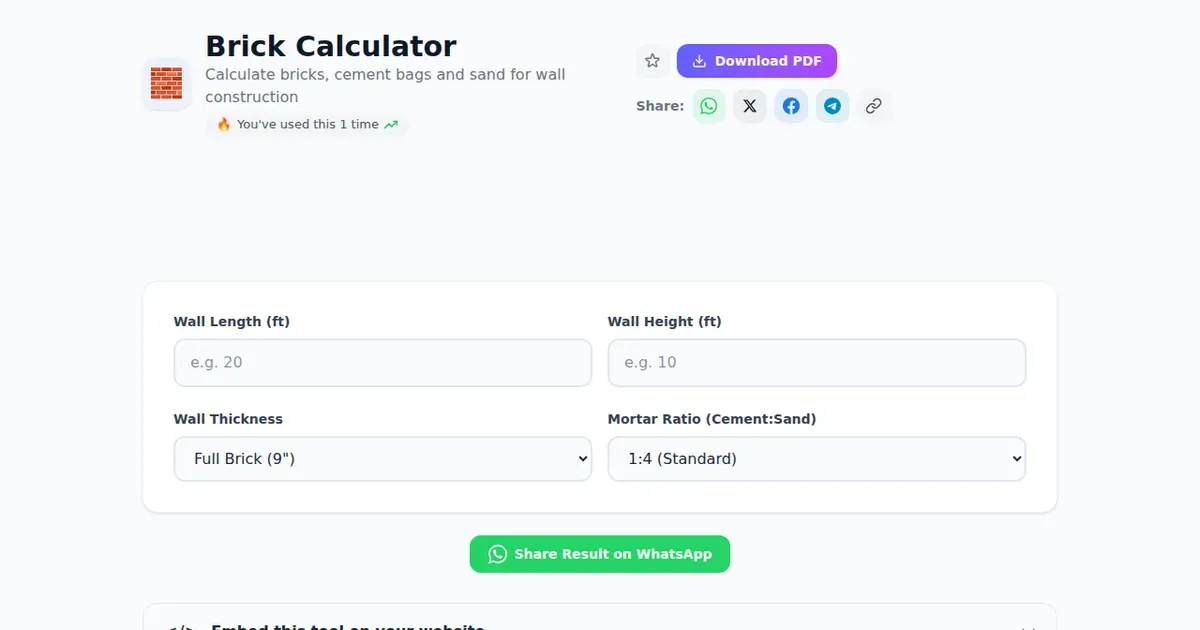Brick Calculator — Free Online Calculate bricks, cement bags and sand for wall construction Tool on SabTools.in