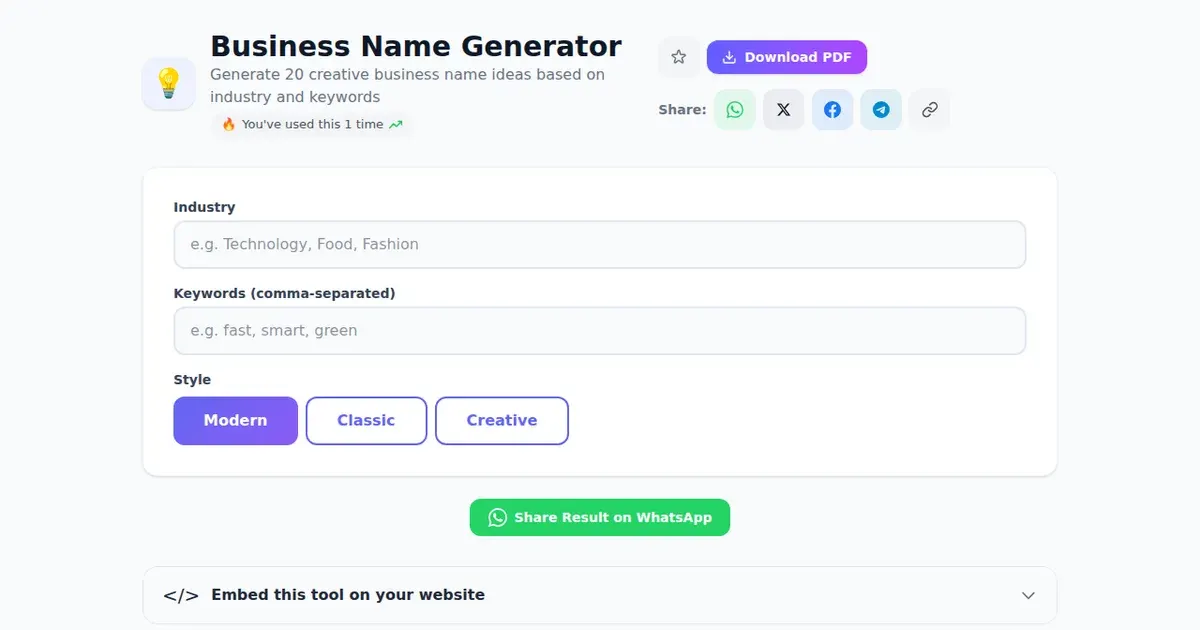 Business Name Generator — Free Online Generate 20 creative business name ideas based on industry and keywords Tool on SabTools.in