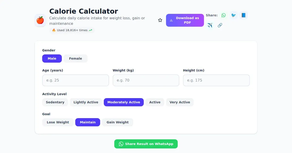 Calorie Calculator — Free Online Calculate daily calorie intake for weight loss, gain or maintenance Tool on SabTools.in