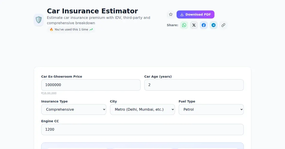 Car Insurance Estimator — Free Online Estimate car insurance premium with IDV, third-party and comprehensive breakdown Tool on SabTools.in