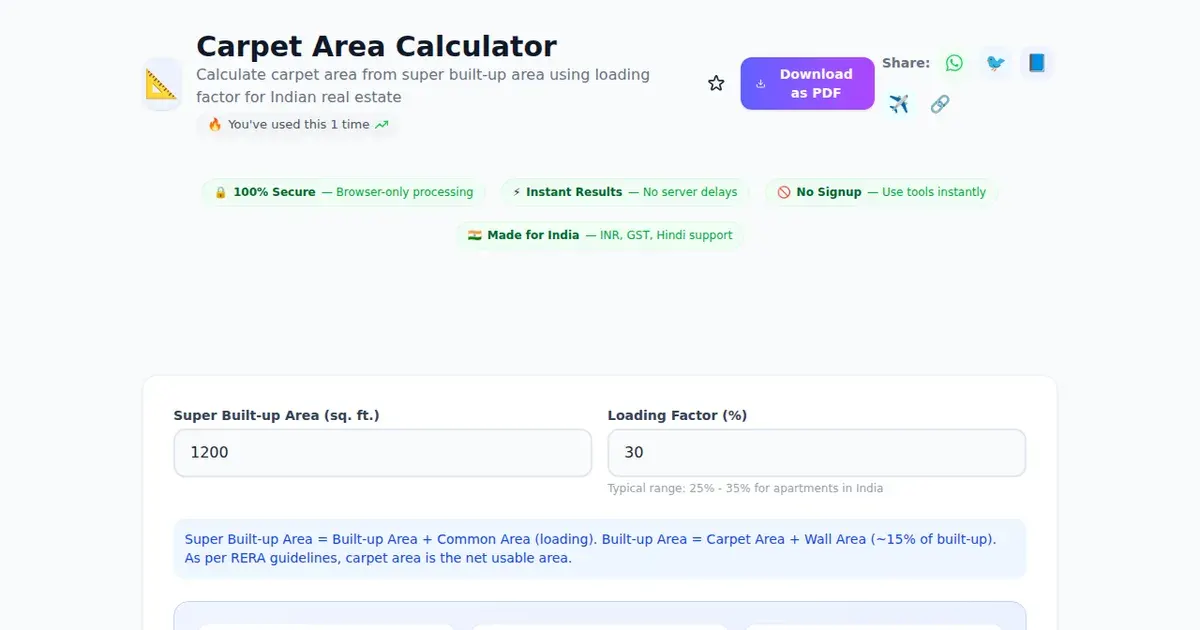 Carpet Area Calculator — Free Online Calculate carpet area from super built-up area using loading factor for Indian real estate Tool on SabTools.in