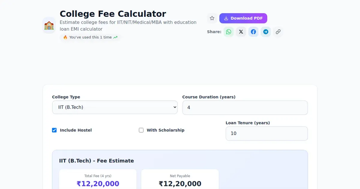 College Fee Calculator — Free Online Estimate college fees for IIT/NIT/Medical/MBA with education loan EMI calculator Tool on SabTools.in