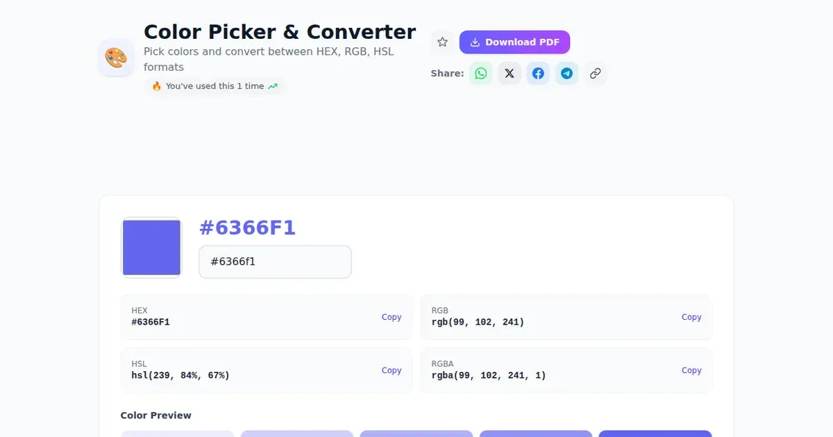 Color Picker & Converter — Free Online Pick colors and convert between HEX, RGB, HSL formats Tool on SabTools.in