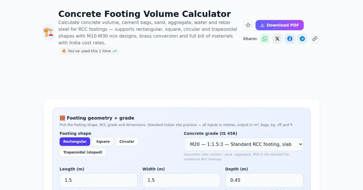Concrete Footing Volume Calculator — Free Online Calculate concrete volume, cement bags, sand, aggregate, water and rebar steel for RCC footings — supports rectangular, square, circular and trapezoidal shapes with M10-M30 mix designs, brass conversion and full bill of materials with India cost rates. Tool on SabTools.in