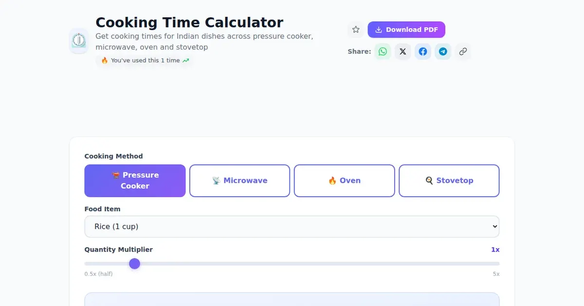 Cooking Time Calculator — Free Online Get cooking times for Indian dishes across pressure cooker, microwave, oven and stovetop Tool on SabTools.in