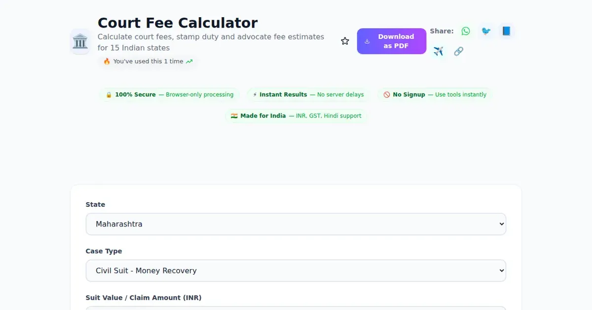Court Fee Calculator — Free Online Calculate court fees, stamp duty and advocate fee estimates for 15 Indian states Tool on SabTools.in