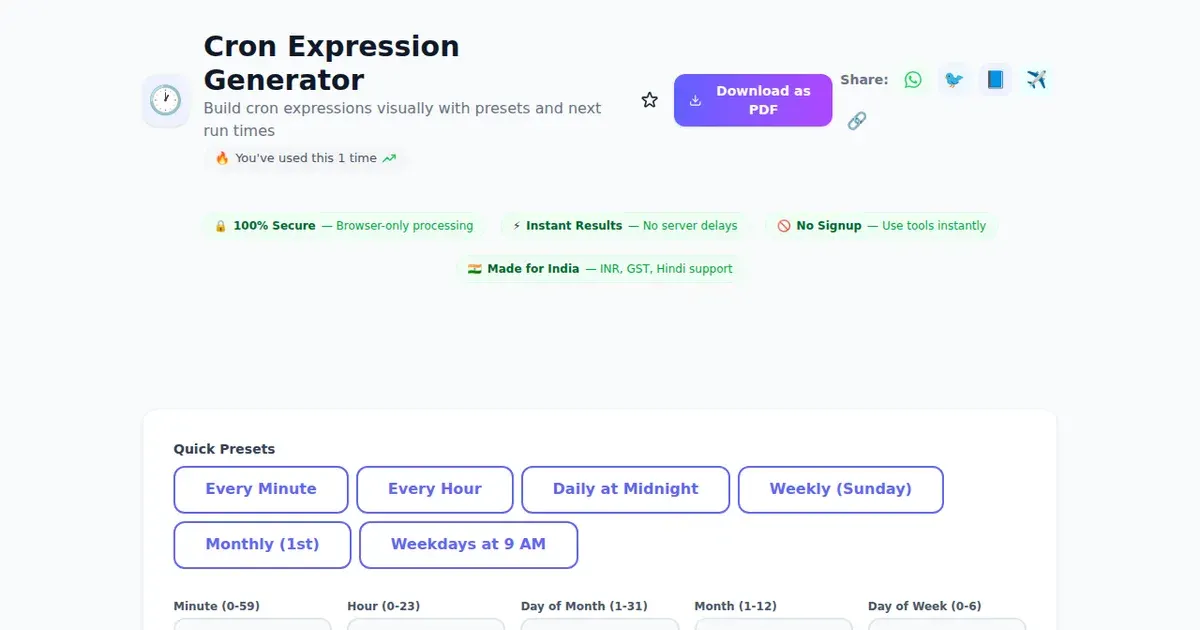 Cron Expression Generator — Free Online Build cron expressions visually with presets and next run times Tool on SabTools.in