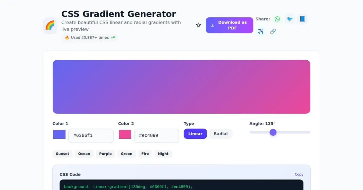 CSS Gradient Generator — Free Online Create beautiful CSS linear and radial gradients with live preview Tool on SabTools.in