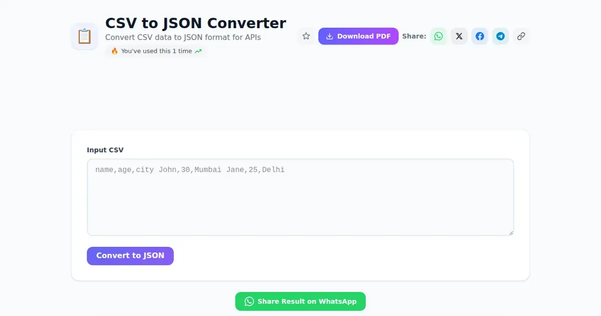 CSV to JSON Converter — Free Online Convert CSV data to JSON format for APIs Tool on SabTools.in