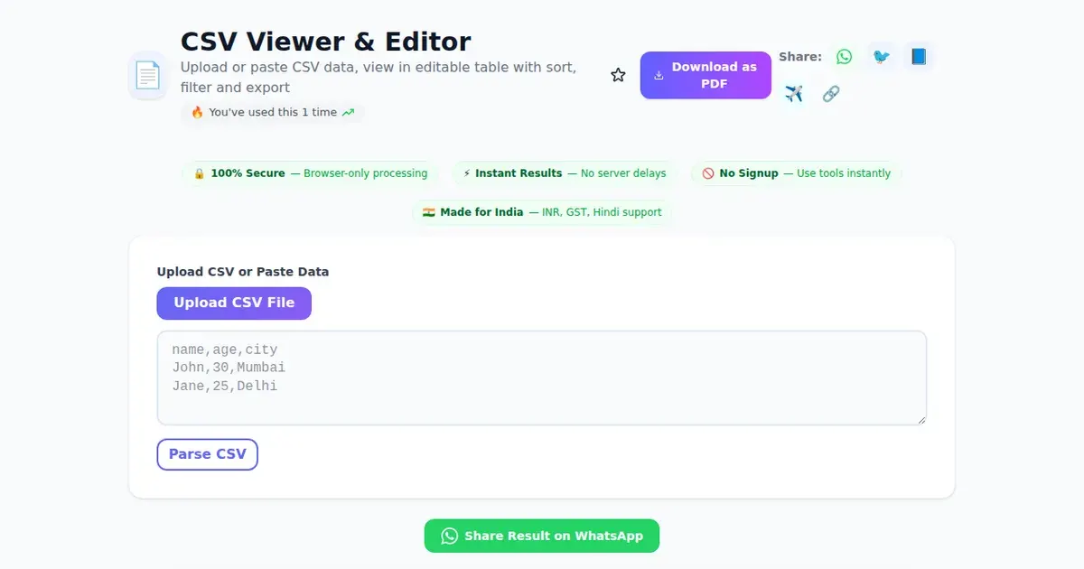 CSV Viewer & Editor — Free Online Upload or paste CSV data, view in editable table with sort, filter and export Tool on SabTools.in