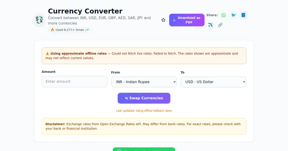 Currency Converter — Free Online Convert between INR, USD, EUR, GBP, AED, SAR, JPY and more currencies Tool on SabTools.in