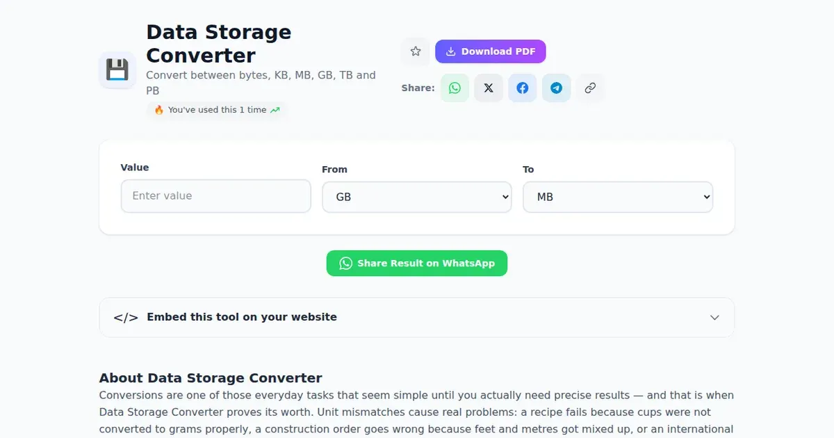 Data Storage Converter — Free Online Convert between bytes, KB, MB, GB, TB and PB Tool on SabTools.in