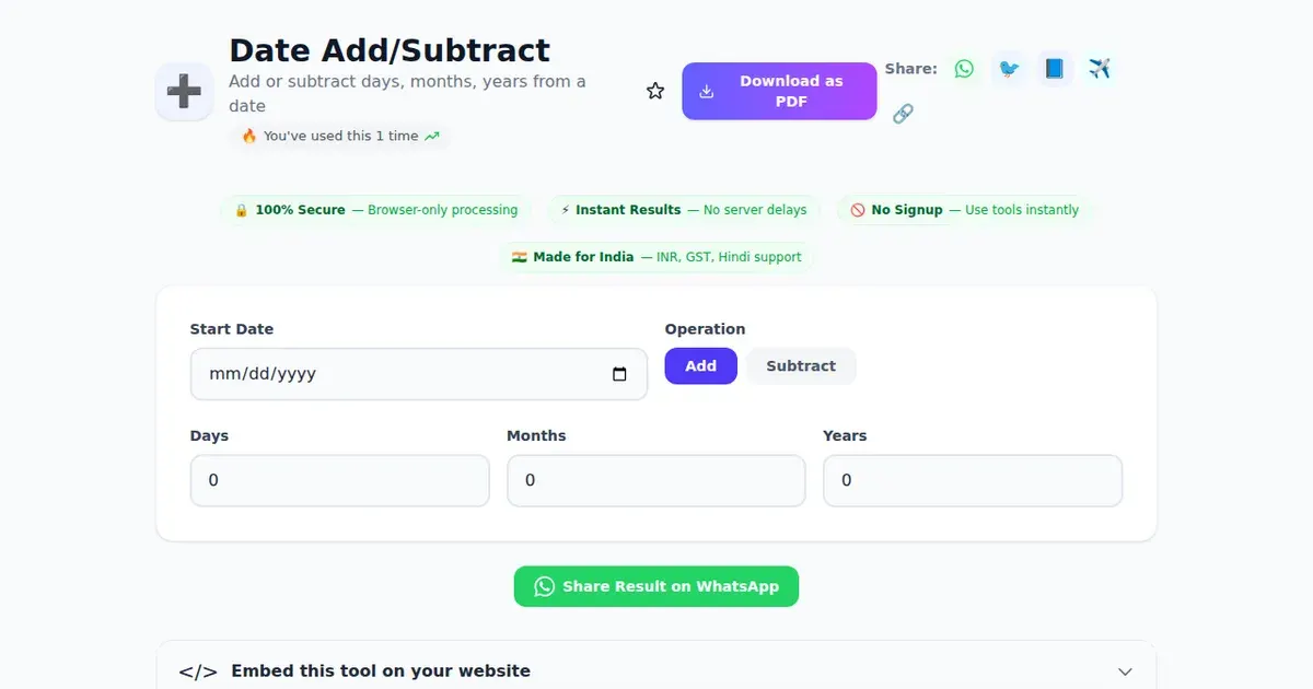 Date Add/Subtract — Free Online Add or subtract days, months, years from a date Tool on SabTools.in