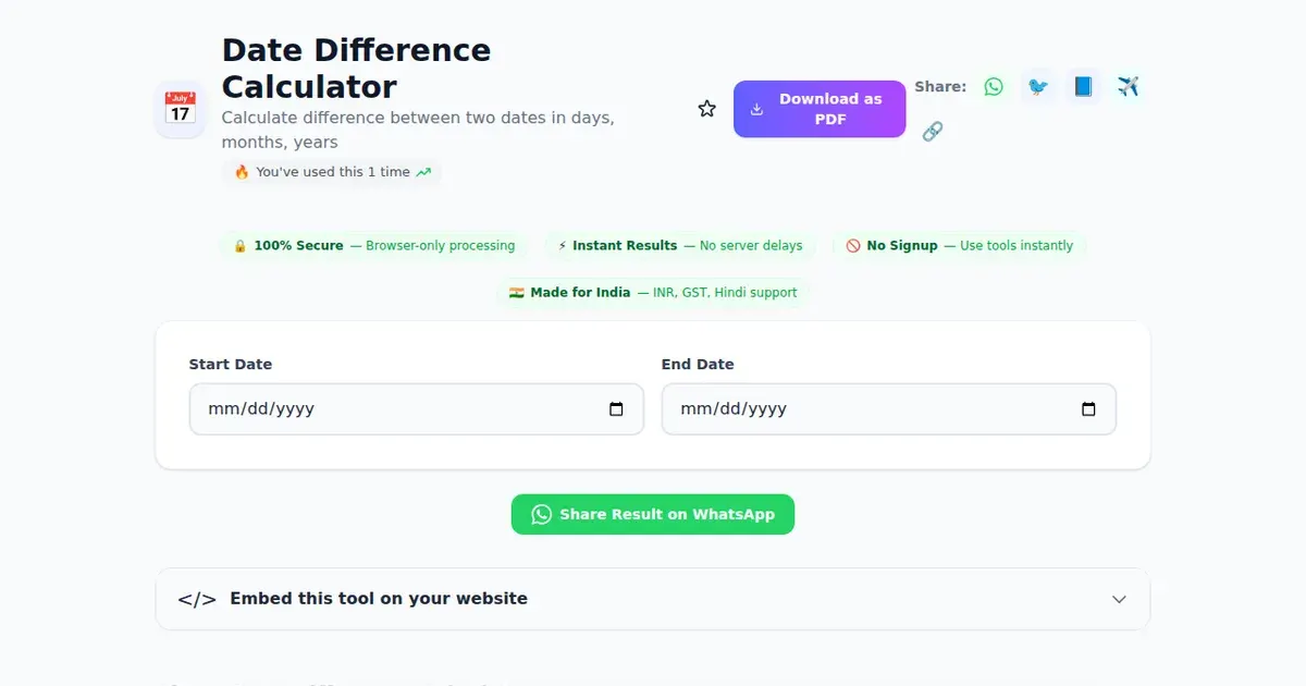 Date Difference Calculator — Free Online Calculate difference between two dates in days, months, years Tool on SabTools.in