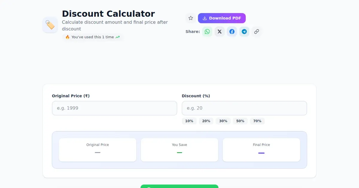 Discount Calculator — Free Online Calculate discount amount and final price after discount Tool on SabTools.in