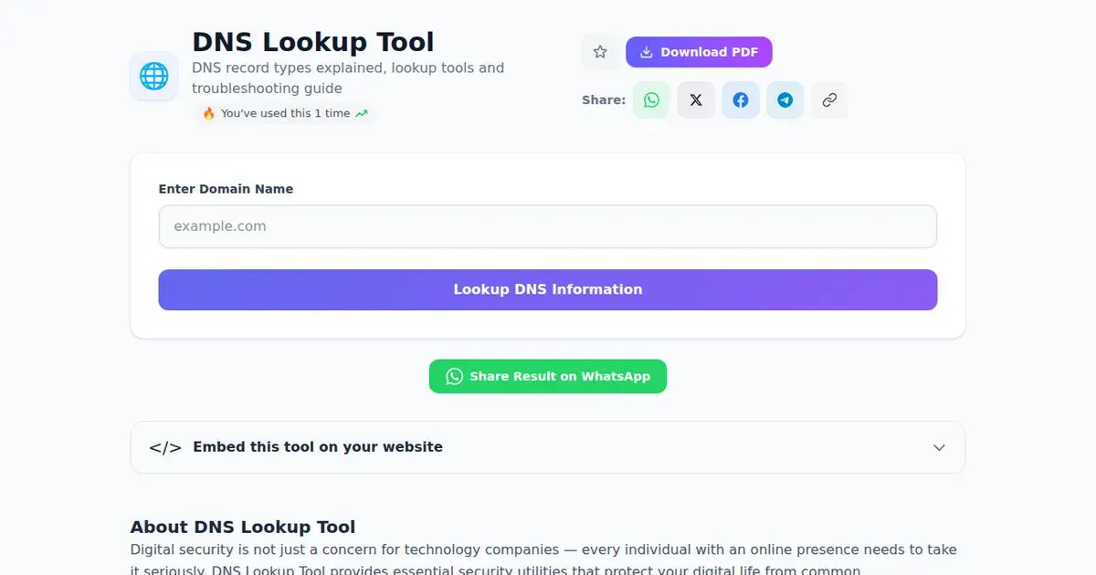 DNS Lookup Tool — Free Online DNS record types explained, lookup tools and troubleshooting guide Tool on SabTools.in