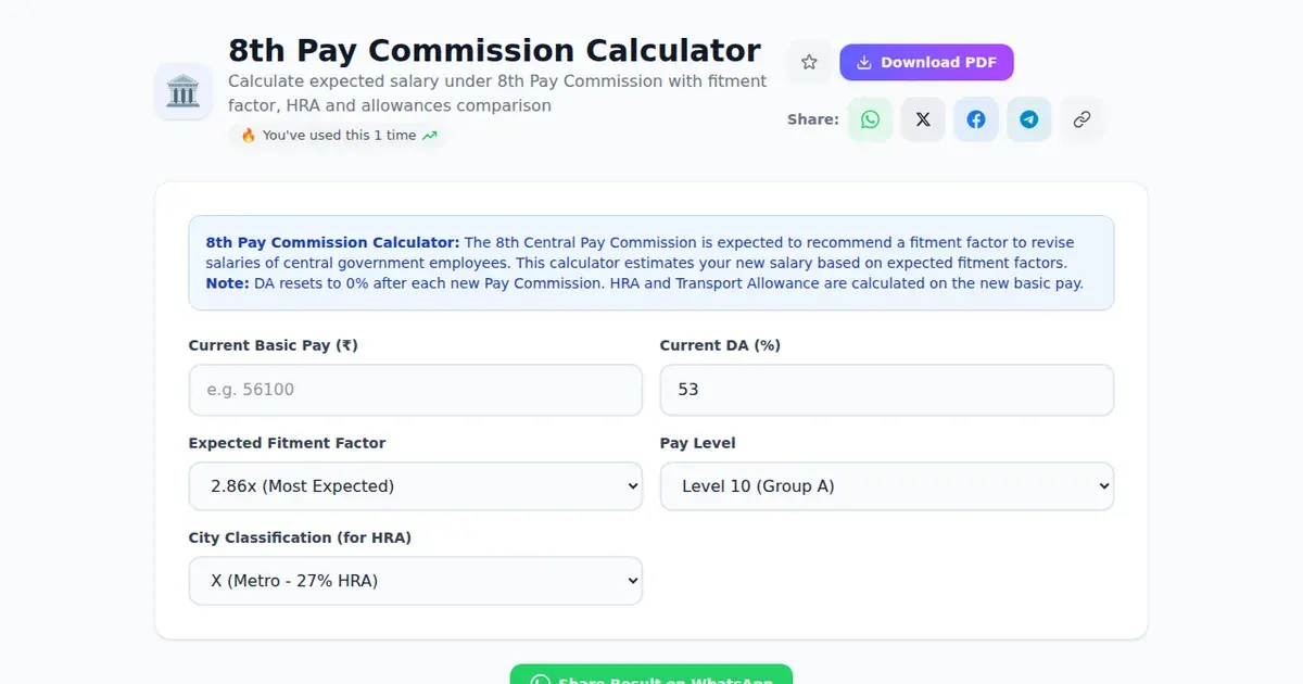 8th Pay Commission Calculator — Free Online Calculate expected salary under 8th Pay Commission with fitment factor, HRA and allowances comparison Tool on SabTools.in