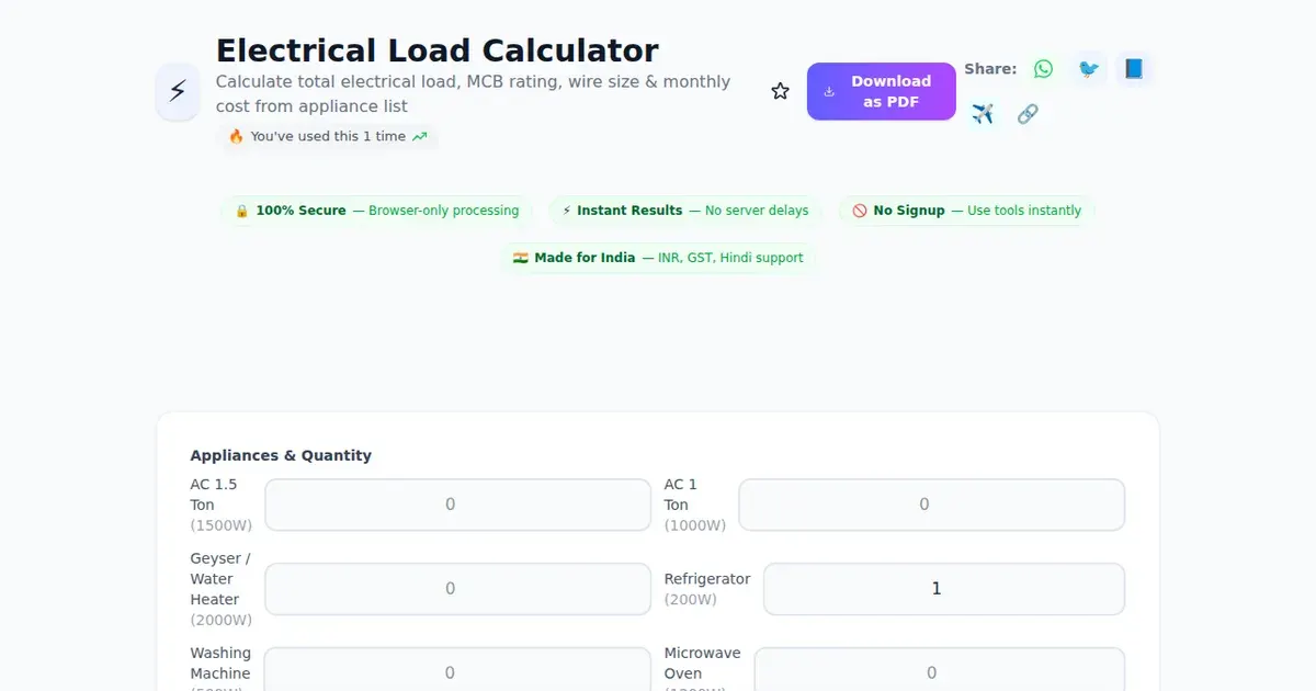 Electrical Load Calculator — Free Online Calculate total electrical load, MCB rating, wire size & monthly cost from appliance list Tool on SabTools.in